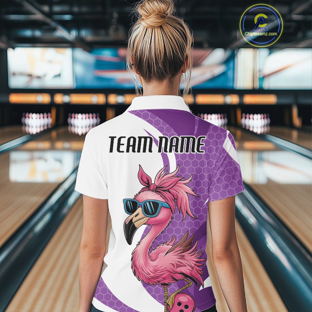 Custom Funny Purple Flamingo Bowling Women Polo Shirt, Bowling League Bowlers Outfit IPHW10682