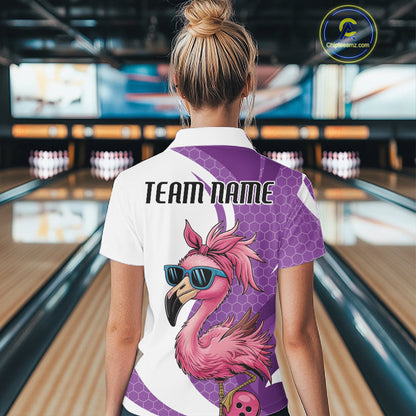 Custom Funny Purple Flamingo Bowling Women Polo Shirt, Bowling League Bowlers Outfit IPHW10682