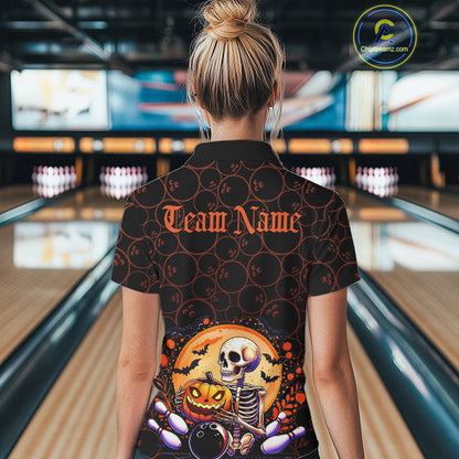 Custom Funny Skeleton Bowling Polo Shirts For Women, Halloween Bowling Team Outfit IPHW9604