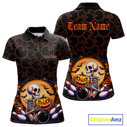 Custom Funny Skeleton Bowling Polo Shirts For Women, Halloween Bowling Team Outfit IPHW9604