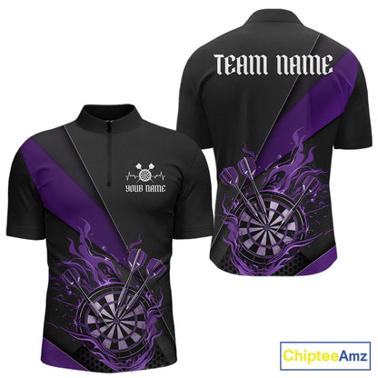 Custom Black And Purple Flame Dartboard Darts Team Men Quarter-Zip Shirts, Darts Jerseys IPHW10376