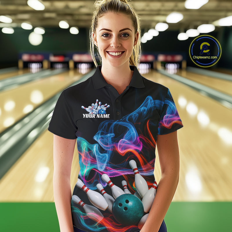 Custom Colorful Smoke Bowling Women Polo Shirts, Bowling League Shirt Bowlers Outfit IPHW9018