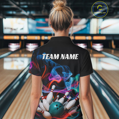 Custom Colorful Smoke Bowling Women Polo Shirts, Bowling League Shirt Bowlers Outfit IPHW9018
