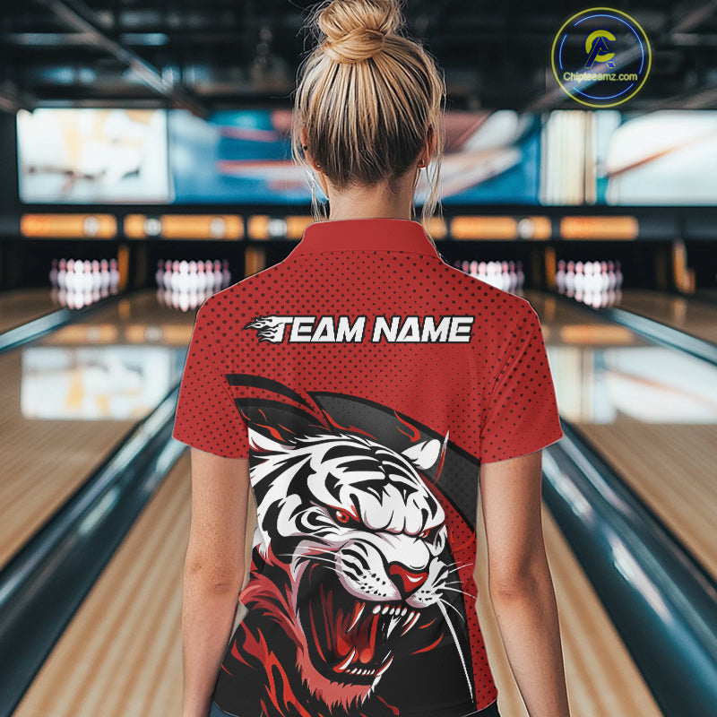 Custom Black And Red Tiger Bowling Team Polo Shirts For Women, Bowling League Shirt IPHW9019