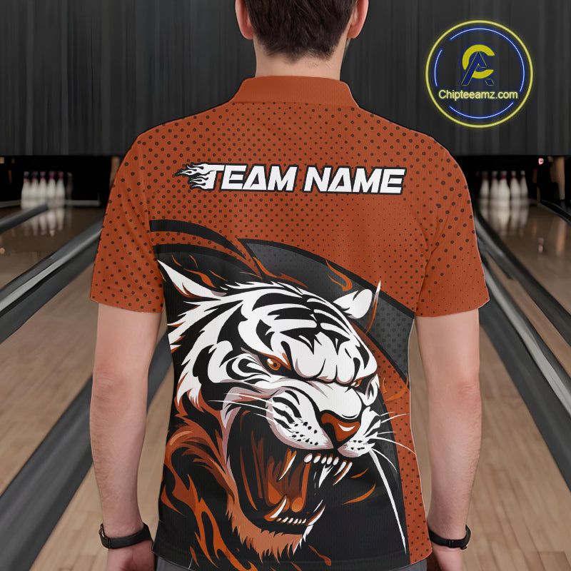 Custom Black And Orange Tiger Bowling Team Polo Shirts For Men, Bowling League Shirt IPHW9021
