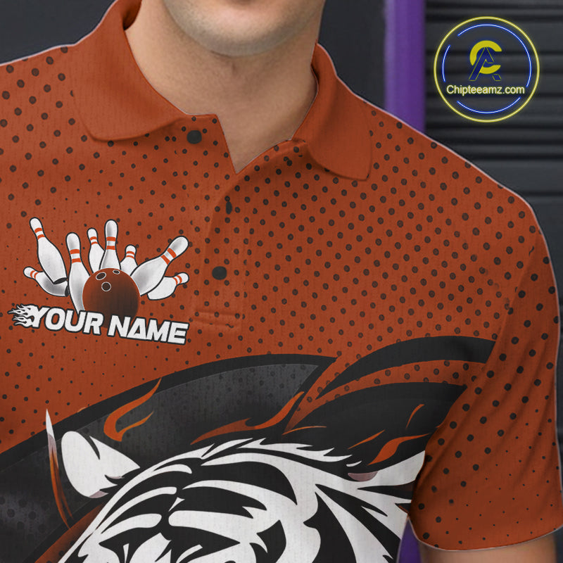 Custom Black And Orange Tiger Bowling Team Polo Shirts For Men, Bowling League Shirt IPHW9021