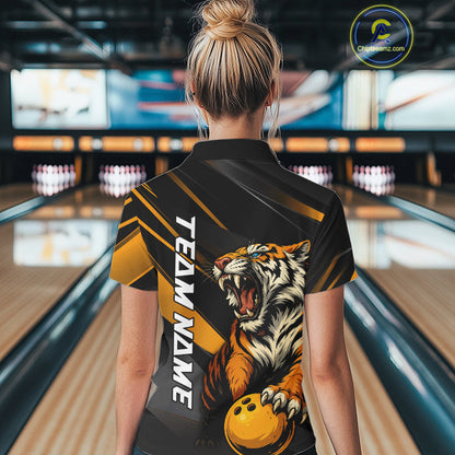 Personalized Tiger Bowling Team Women Polo Shirts, Black And Yellow Tiger Bowling Jerseys IPHW9022