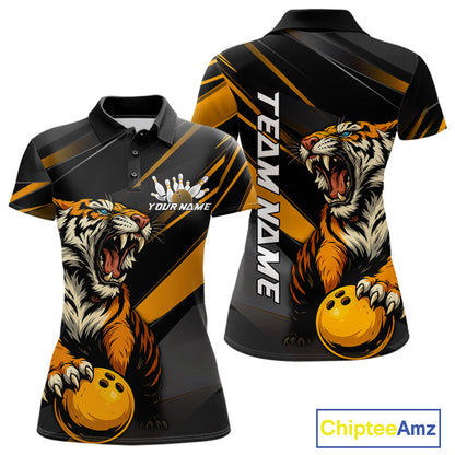 Personalized Tiger Bowling Team Women Polo Shirts, Black And Yellow Tiger Bowling Jerseys IPHW9022