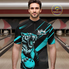 Load image into Gallery viewer, Personalized Tiger Bowling Team Men Quarter-Zip Shirts, Black And Blue Tiger Bowling Jerseys IPHW9023