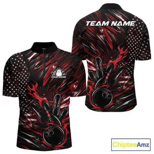 Front and back view of a black and red men’s bowling quarter-zip shirt showcasing a patriotic flaming bowling ball striking pins with American flag elements.