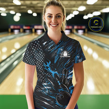Load image into Gallery viewer, Custom Black And Blue Patriotic Flame Bowling Jerseys, US Flag Bowling Shirt For Women IPHW11172