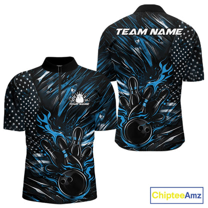 Front and back mockup of a black and blue men’s bowling quarter-zip shirt featuring a patriotic flaming bowling ball striking pins with American flag artwork.
