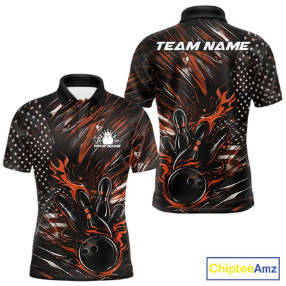 Front and back view of a black and orange men’s bowling polo shirt showcasing a patriotic flaming bowling ball striking pins with flag-themed graphics.
