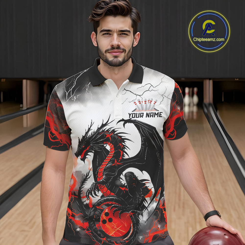 Front view of a male model in a bowling alley wearing a custom bowling polo shirt featuring a red dragon and lightning strikes design.