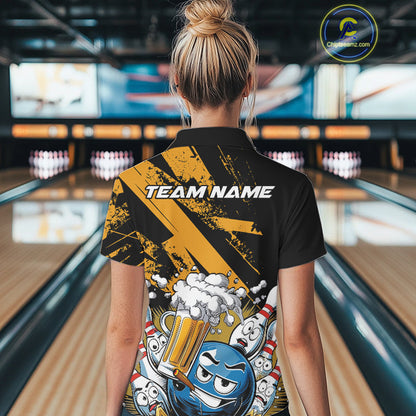 Custom Funny Cool Bowling Ball Bowling And Beer Women Polo Shirts, Grunge Bowling Uniform IPHW9611