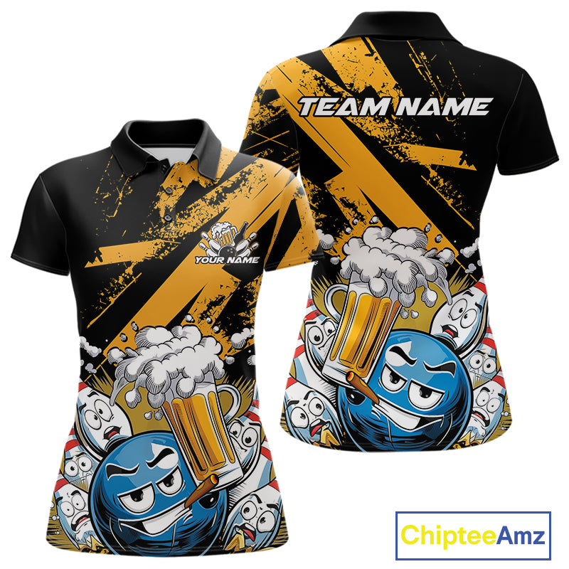 Custom Funny Cool Bowling Ball Bowling And Beer Women Polo Shirts, Grunge Bowling Uniform IPHW9611