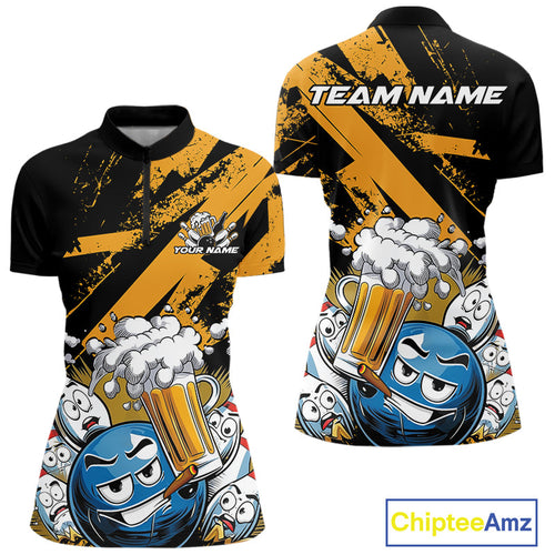 Custom Funny Cool Bowling Ball Bowling And Beer Women Quarter-Zip Shirt, Bowling Uniform IPHW9611