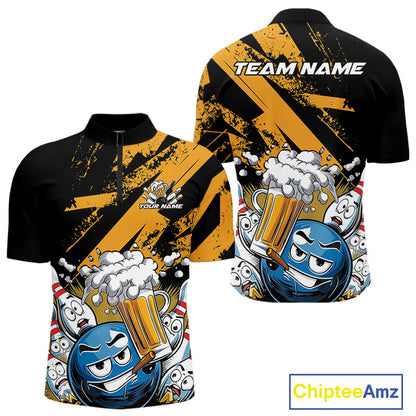 Custom Funny Cool Bowling Ball Bowling And Beer Men Quarter-Zip Shirts, Grunge Bowling Uniform IPHW9611
