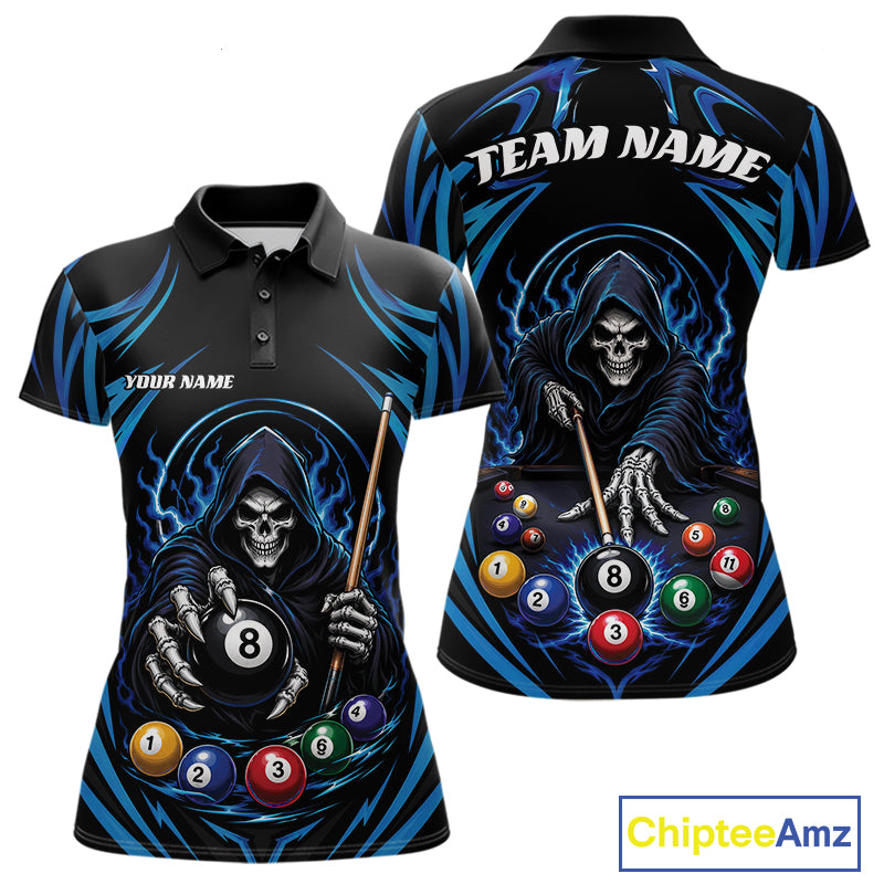 Custom Blue Grim Reaper Billiards Women Polo Shirt, Halloween Pool Team Outfit IPHW11771