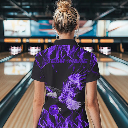 Custom Black And Purple Flame Eagle Bowling Team Women Polo Shirts, Bowling League Shirt IPHW8790