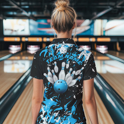 Black, Blue And White Custom Bowling Women Quarter-Zip Shirts, Bowling Ball And Pin Jerseys IPHW8794