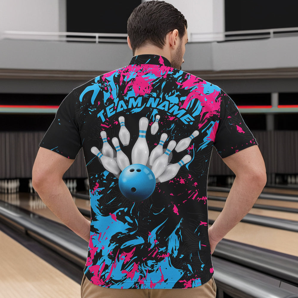 Black, Blue And Pink Custom Bowling Team Men Quarter-Zip Shirts, Bowling Ball And Pin Jerseys IPHW8795