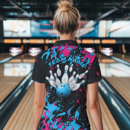 Black, Blue And Pink Custom Bowling Women Quarter-Zip Shirts, Bowling Ball And Pin Jerseys IPHW8795