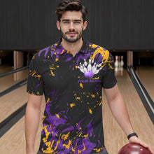 Load image into Gallery viewer, Black, Purple And Yellow Custom Bowling Team Men Polo Shirts, Bowling Ball And Pin Jerseys IPHW8797