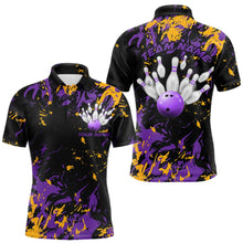 Load image into Gallery viewer, Black, Purple And Yellow Custom Bowling Team Men Polo Shirts, Bowling Ball And Pin Jerseys IPHW8797