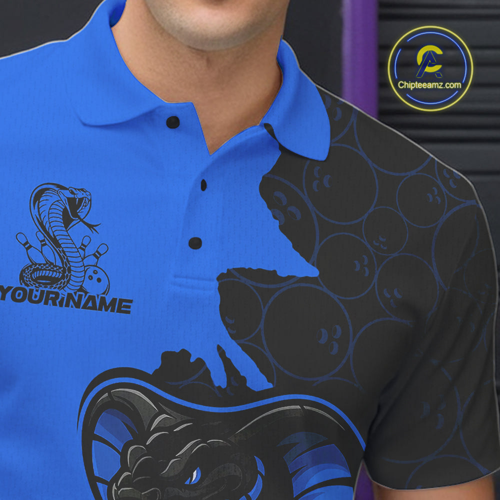 Custom Black And Blue Cobra Snake Bowling Men Polo Shirts Team Uniform Bowling Pattern IPHW9031