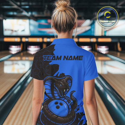 Custom Black And Blue Cobra Snake Bowling Women Polo Shirts Team Uniform Bowling Pattern IPHW9031