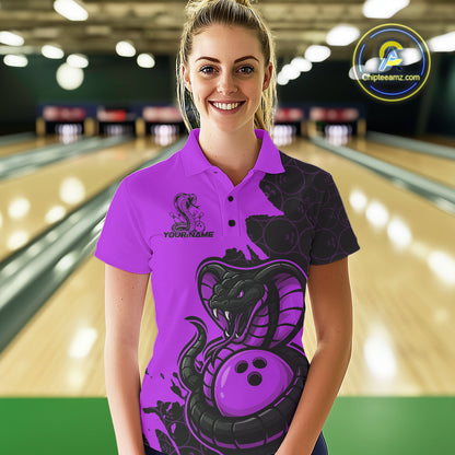 Custom Black And Purple Cobra Snake Bowling Women Polo Shirt Team Uniform Bowling Pattern IPHW9033