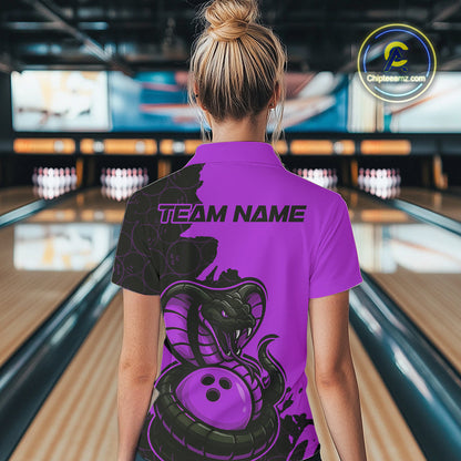 Custom Black And Purple Cobra Snake Bowling Women Polo Shirt Team Uniform Bowling Pattern IPHW9033