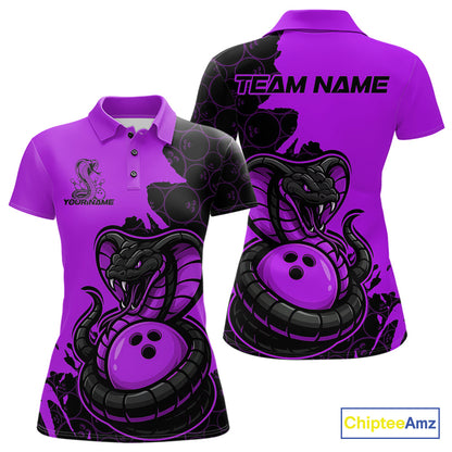 Custom Black And Purple Cobra Snake Bowling Women Polo Shirt Team Uniform Bowling Pattern IPHW9033