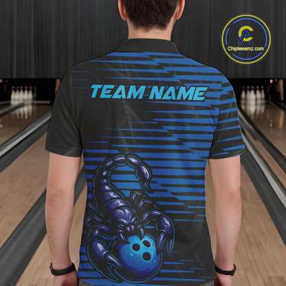 Custom Black And Blue Scorpion Bowling Team Polo Shirts For Men, Bowling League Shirt IPHW9034