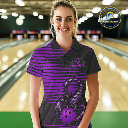 Custom Black And Purple Scorpion Bowling Team Polo Shirts For Women, Bowling League Shirt IPHW9035
