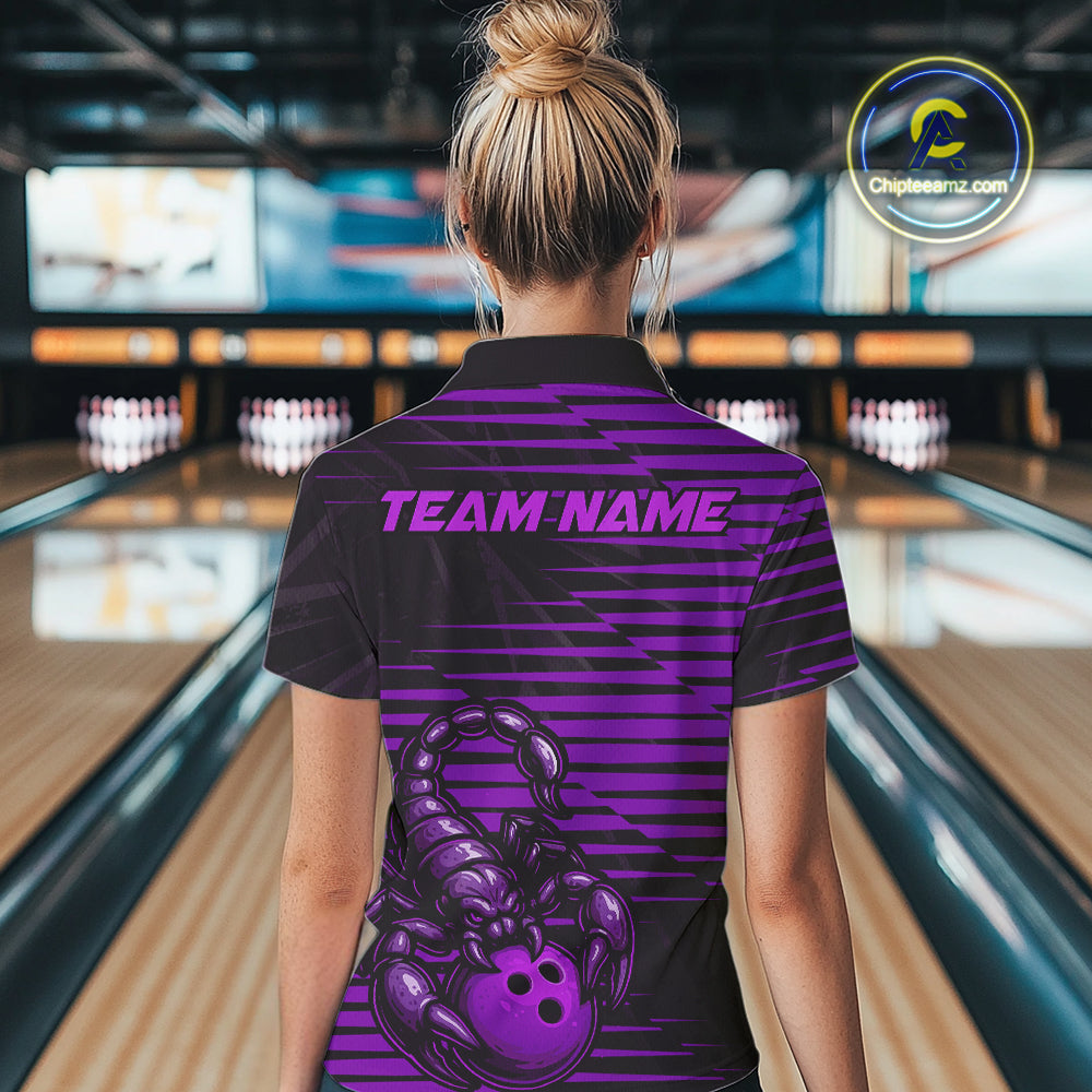 Custom Black And Purple Scorpion Bowling Team Polo Shirts For Women, Bowling League Shirt IPHW9035