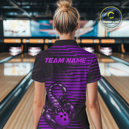 Custom Black And Purple Scorpion Bowling Team Polo Shirts For Women, Bowling League Shirt IPHW9035