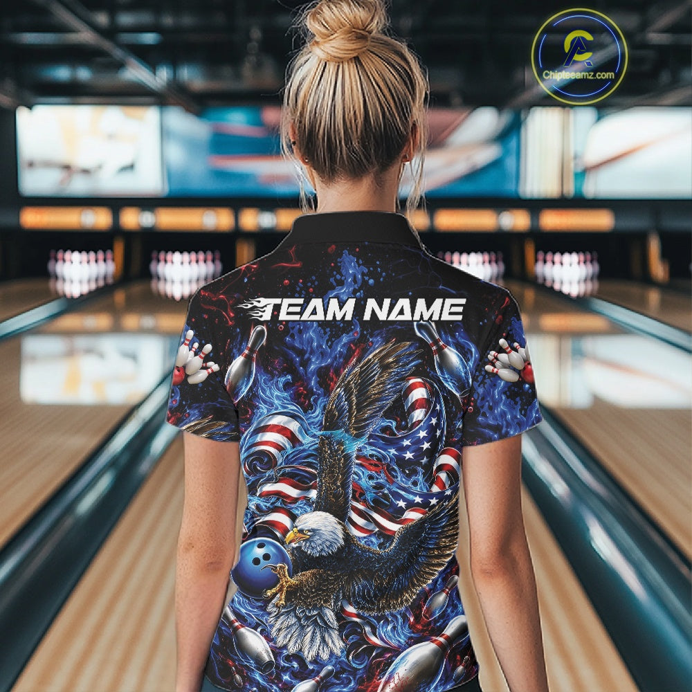 Back view of a female model at the bowling lane wearing a quarter zip shirt with flaming bald eagle, blue bowling ball, flag details, and blue flames.