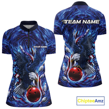Women’s bowling quarter zip mockup shown front and back with eagle artwork positioned around a bowling ball, flowing flag elements, and pins.