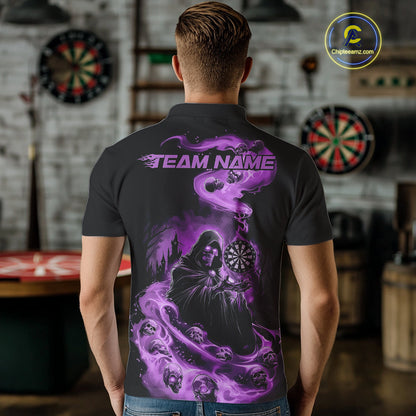 Custom Purple Flame Grim Reaper Dart Men Polo Shirts, Dart Team Halloween Outfits IPHW9981