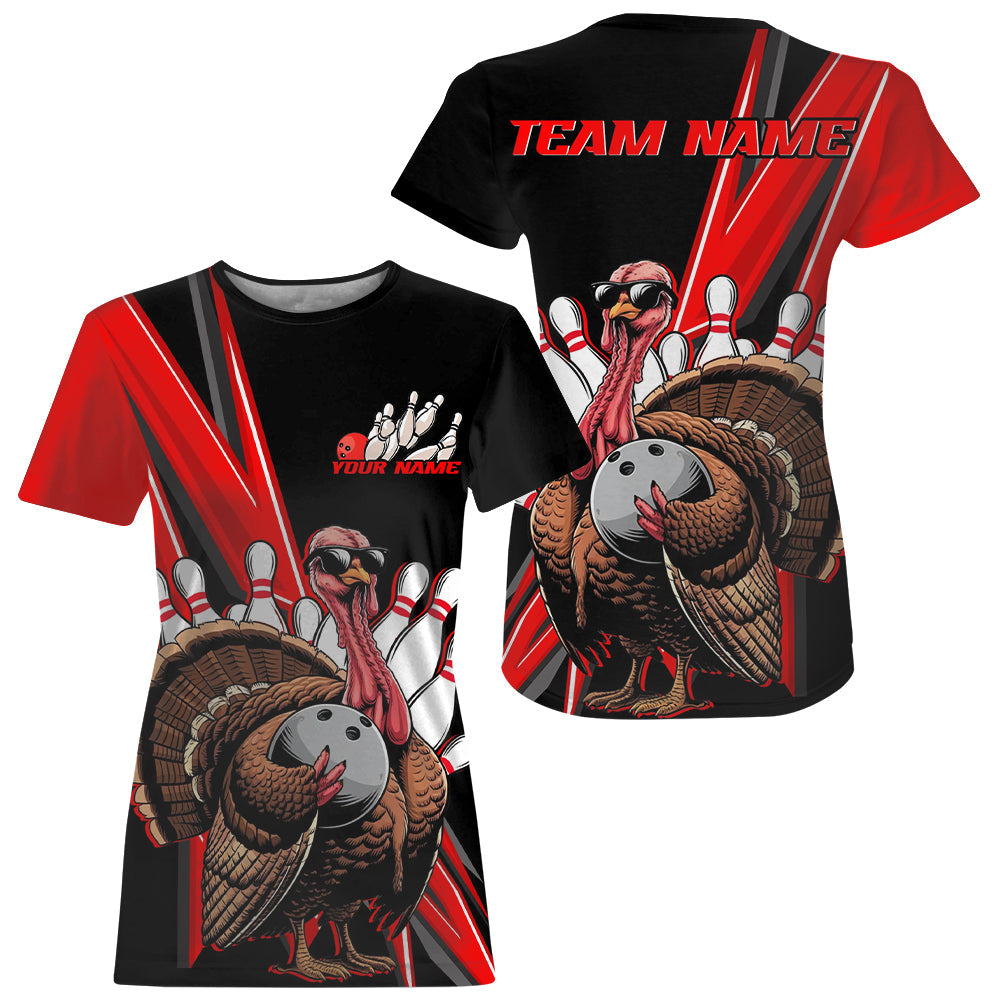Black And Red Custom Turkey Bowling T-Shirts For Women, Thanksgiving Bowling Jerseys IPHW7878