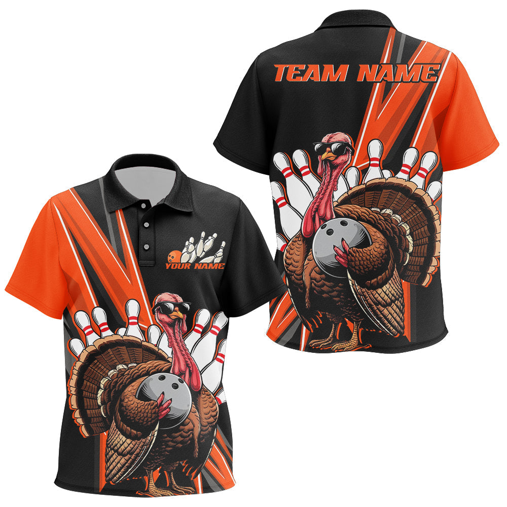 Black And Orange Custom Awesome Turkey Bowling Kid Polo Shirt, Thanksgiving Bowling Jerseys IPHW7879