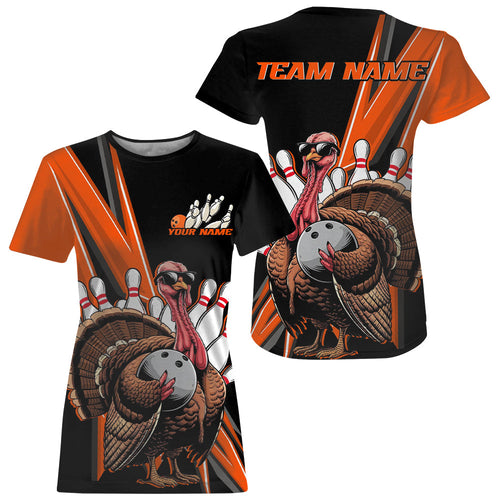 Black And Orange Custom Awesome Turkey Bowling Women T-Shirts Shirt, Thanksgiving Bowling Jerseys IPHW7879