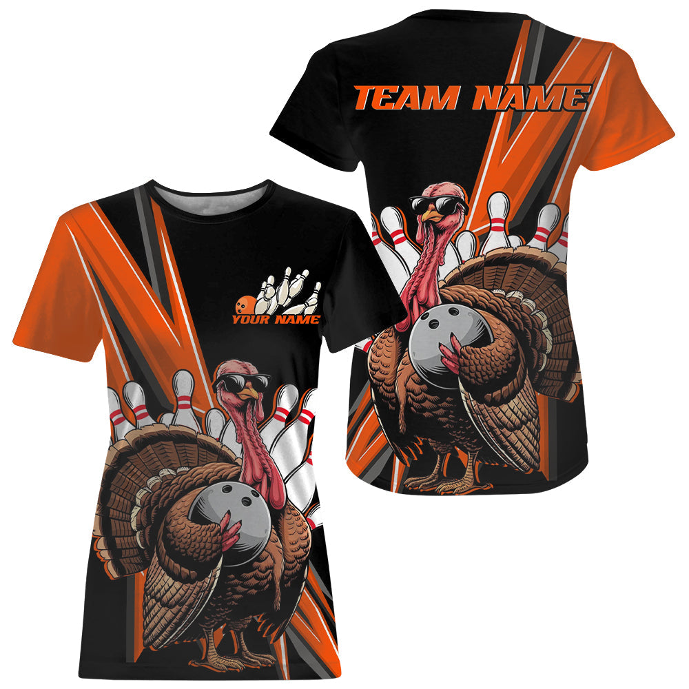 Black And Orange Custom Awesome Turkey Bowling Women T-Shirts Shirt, Thanksgiving Bowling Jerseys IPHW7879