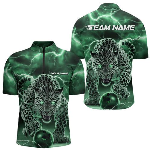 Green Thunder Lightning Custom Leopard Bowling Quarter-Zip Shirts For Men, Bowling League Shirt IPHW8320