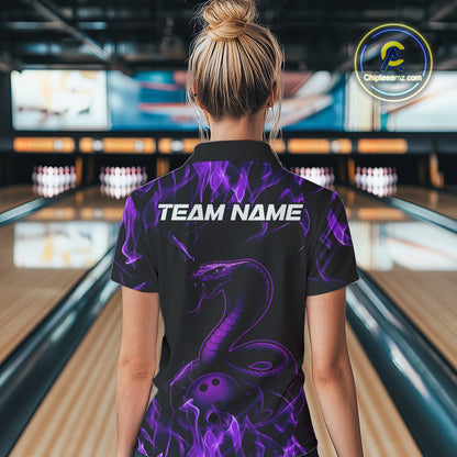 Custom Black And Purple Flame Cobra Snake Bowling Women Quarter-Zip Shirts, Team Shirt IPHW9041
