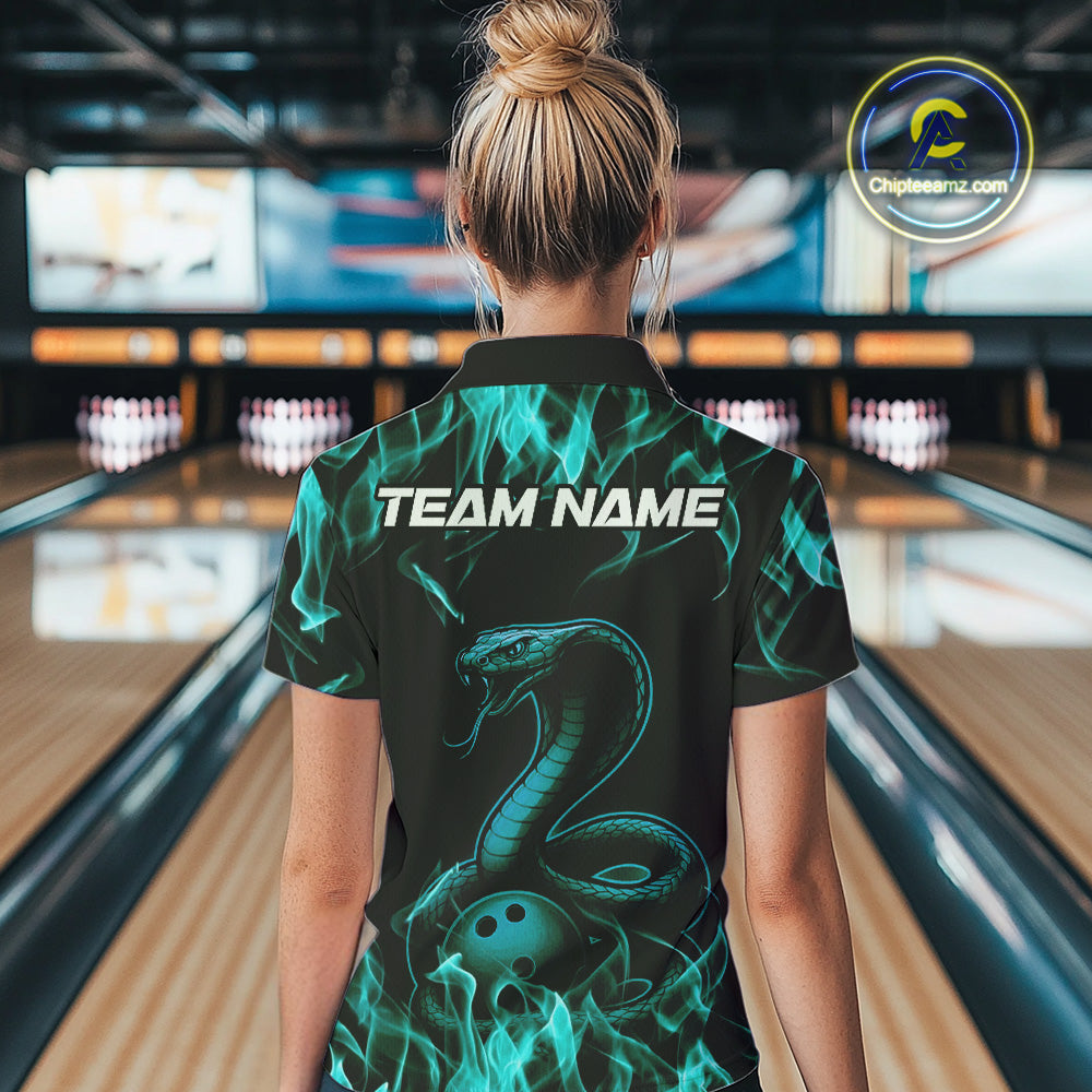 Custom Black And Blue Flame Cobra Snake Bowling Women Polo Shirts, Bowling League Shirt IPHW9042