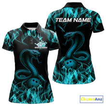 Load image into Gallery viewer, Custom Black And Blue Flame Cobra Snake Bowling Women Polo Shirts, Bowling League Shirt IPHW9042