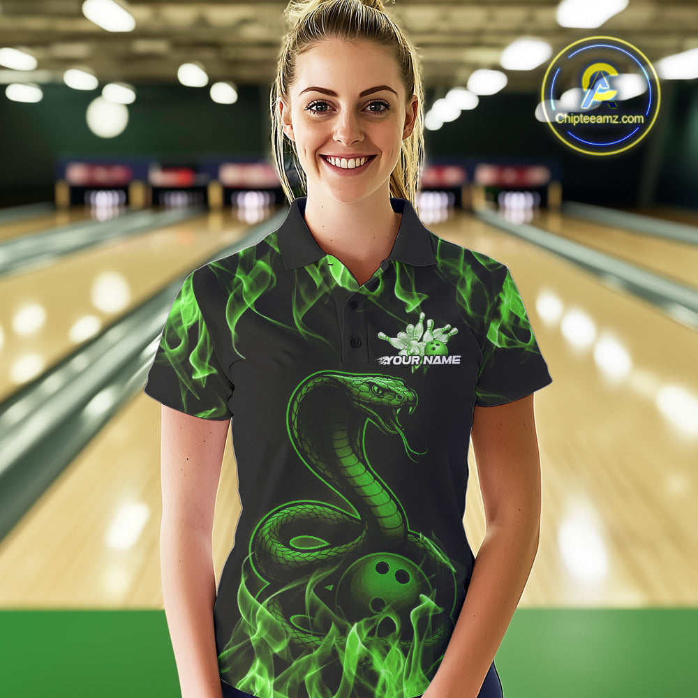 Custom Black And Green Flame Cobra Snake Bowling Women Polo Shirts, Bowling League Shirt IPHW9043